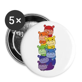 Regenbogen Flag Pride LGBTQ süßer Hippo Stapel - Buttons groß 56 mm (5er Pack) - Weiß - Vorne