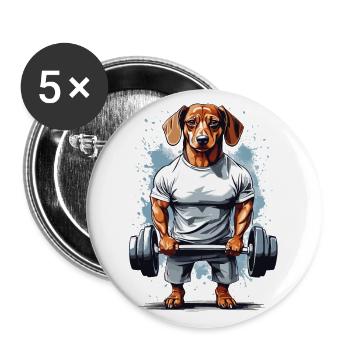 Kraftsport Dackel Hund Powerlifting Design - Buttons groß 56 mm (5er Pack) - Weiß - Vorne