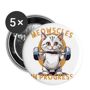 Meowscles in Progress Funny Cat Workout - Buttons large 2.2''/56 mm (5-pack) - white - Front