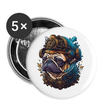 Steampunk Mops Hund Vaporwave Hundeliebhaber - Buttons groß 56 mm (5er Pack) - Weiß - Vorne