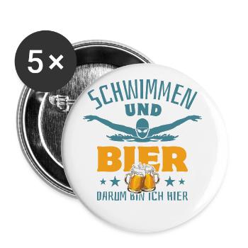 Schwimmen & Bier - darum bin ich hier - Buttons groß 56 mm (5er Pack) - Weiß - Vorne