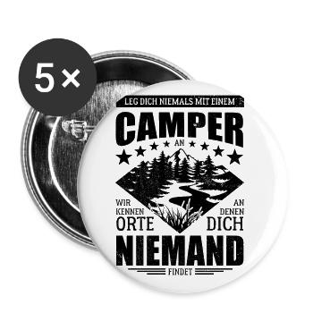 Leg dich nie mit einem Camper an - Spruch - Buttons groß 56 mm (5er Pack) - Weiß - Vorne
