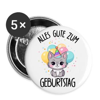 Alles Gute Zum Geburtstag süße Katze Luftballons - Buttons groß 56 mm (5er Pack) - Weiß - Vorne