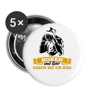 Boxen und Bier, darum bin ich hier - Spruch - Buttons groß 56 mm (5er Pack) - Weiß - Vorne