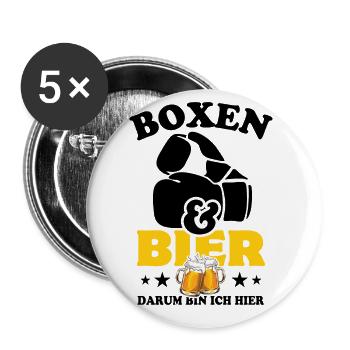 Boxen und Bier, darum bin ich hier - Spruch - Buttons groß 56 mm (5er Pack) - Weiß - Vorne