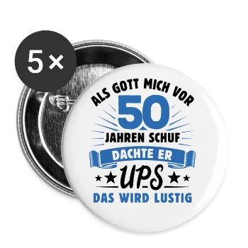 Als Gott mich vor 50 Jahren schuf - Geschenk - Buttons groß 56 mm (5er Pack) - Weiß - Vorne