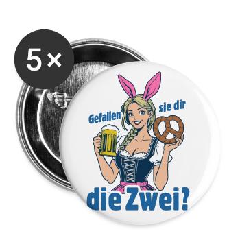 Gefallen sie dir, die Zwei? Dirndl Bier & Bretzen - Buttons groß 56 mm (5er Pack) - Weiß - Vorne