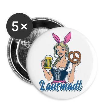 Lausmadl - Madl im Dirndl - Bier und Bretzel - Buttons groß 56 mm (5er Pack) - Weiß - Vorne