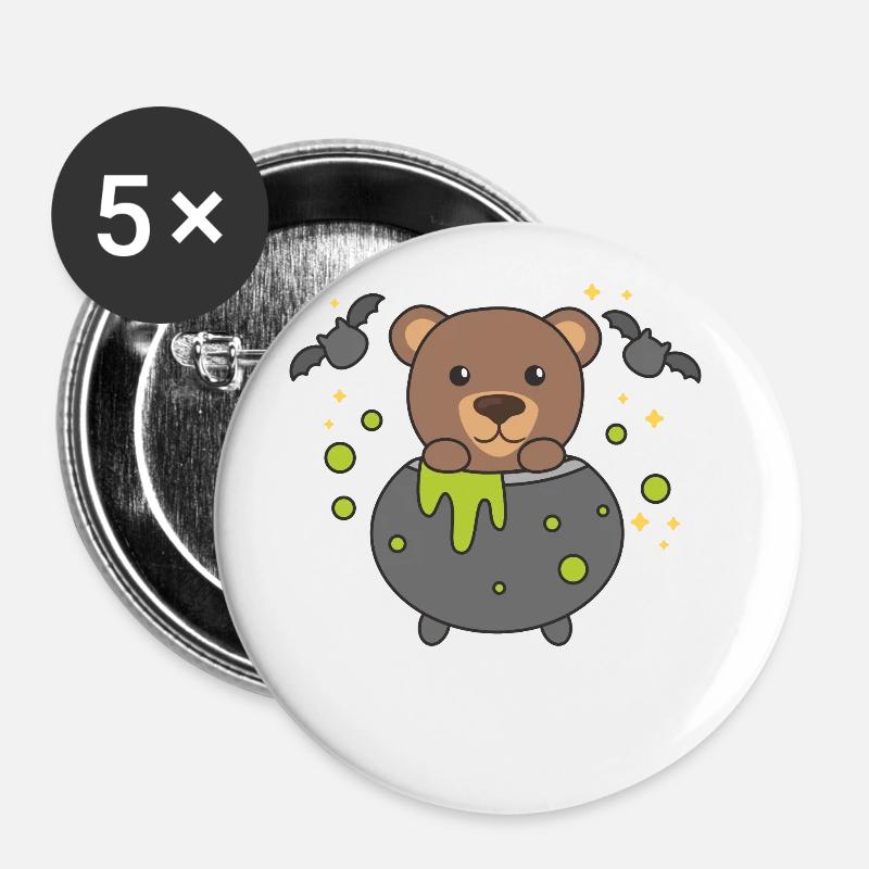 Ours Joyeux Halloween Bâton de Chaudron de Sorcière - Lot de 5 grands badges (56 mm) - blanc