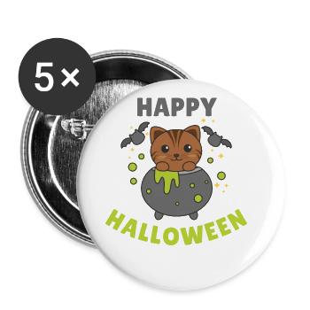 Katze Happy Halloween Hexenkessel Fledermaus - Buttons groß 56 mm (5er Pack) - Weiß - Vorne