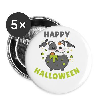 Cat Happy Halloween Witch's Cauldron Bat - Buttons large 2.2''/56 mm (5-pack) - white - Front