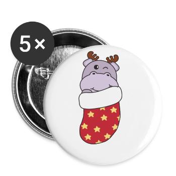 Süße Hippo in Weihnachtssocke zu Weihnachten Hippo - Buttons groß 56 mm (5er Pack) - Weiß - Vorne