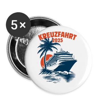 Kreuzfahrt 2025, Kreuzfahrtschiff, Schiffsreise - Buttons groß 56 mm (5er Pack) - Weiß - Vorne