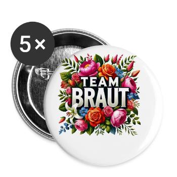 Team Braut T-Shirt JGA Frauen Junggesellenabschied - Buttons groß 56 mm (5er Pack) - Weiß - Vorne