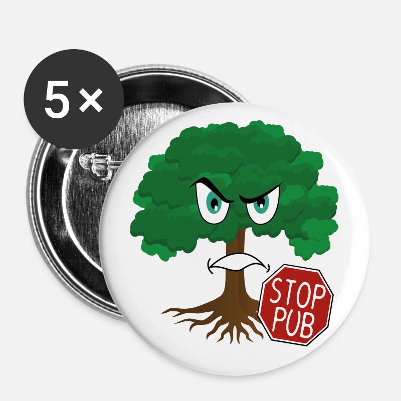 stop pub - arbre écolo - Lot de 5 grands badges (56 mm) - blanc
