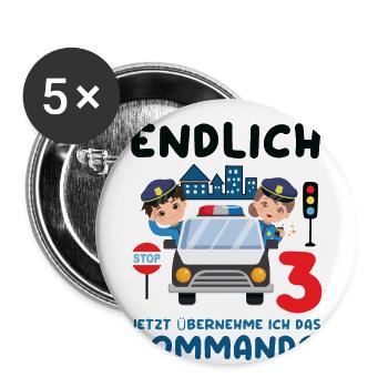 Kinder 3. Geburtstag Endlich 3, Polizei - Buttons groß 56 mm (5er Pack) - Weiß - Vorne