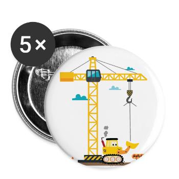 Kinder 3. Geburtstag Jungs mit Kran und Bagger, - Buttons groß 56 mm (5er Pack) - Weiß - Vorne