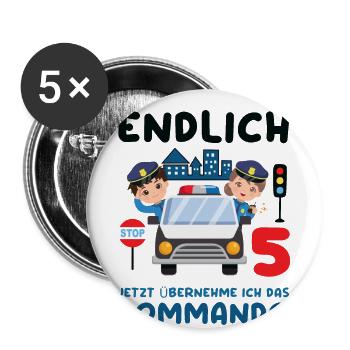 Kinder 5. Geburtstag Endlich 5, Polizei - Buttons groß 56 mm (5er Pack) - Weiß - Vorne