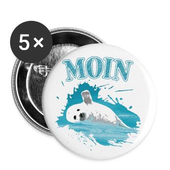 Moin Nordsee Ostsee Urlaub Insel Robbe Seehund - Buttons groß 56 mm (5er Pack) - Weiß - Vorne