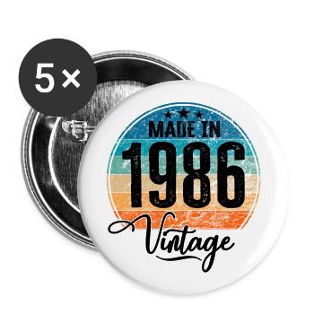 Millésime Fabriqué en 1986 Année de naissance 1986 Anniversaire - Lot de 5 grands badges (56 mm) - blanc - Devant