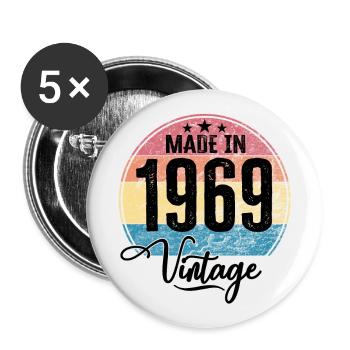Millésime Fabriqué en 1969 Année de naissance 1969 Anniversaire - Lot de 5 grands badges (56 mm) - blanc - Devant