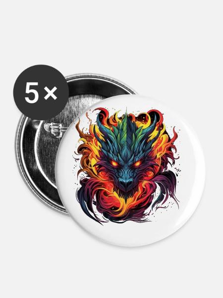 Feuerdrache - Buttons groß 56 mm (5er Pack) - Weiß