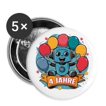 4 Jahre Kleiner Roboter mit bunten Luftballons - Buttons groß 56 mm (5er Pack) - Weiß - Vorne