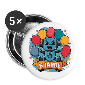 5 Jahre Kleiner Roboter mit bunten Luftballons - Buttons groß 56 mm (5er Pack) - Weiß - Vorne