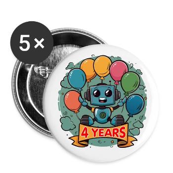 4 Jahre Geburtstag Kleiner Roboter mit Luftballons - Buttons groß 56 mm (5er Pack) - Weiß - Vorne