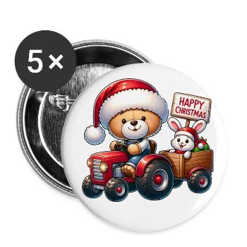 Teddy als Weihnachtsmann mit Traktor und Häschen. - Buttons groß 56 mm (5er Pack) - Weiß - Vorne