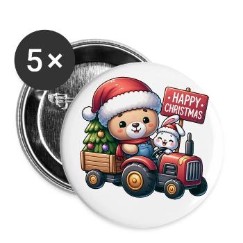 Teddy als Weihnachtsmann mit Traktor und Häschen - Buttons groß 56 mm (5er Pack) - Weiß - Vorne
