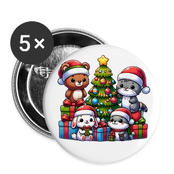 Teddy, Otter, Rabbit with Christmas Tree - Buttons large 2.2''/56 mm (5-pack) - white - Front