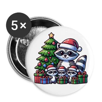 Raccoon family with Christmas tree and gifts - Buttons large 2.2''/56 mm (5-pack) - white - Front