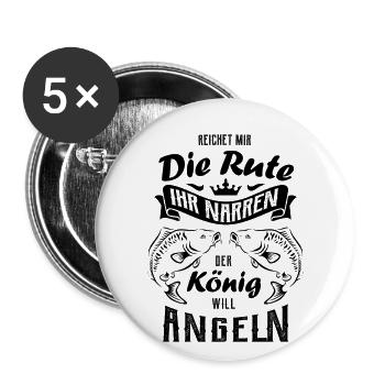 Reichet die Rute der König will Angeln - Karpfen - Buttons groß 56 mm (5er Pack) - Weiß - Vorne