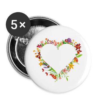 Herz aus Blumen - Buttons groß 56 mm (5er Pack) - Weiß - Vorne