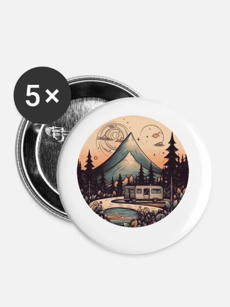 camping tents hiking sunset Retro Modern Style - Buttons large 2.2''/56 mm (5-pack) - white