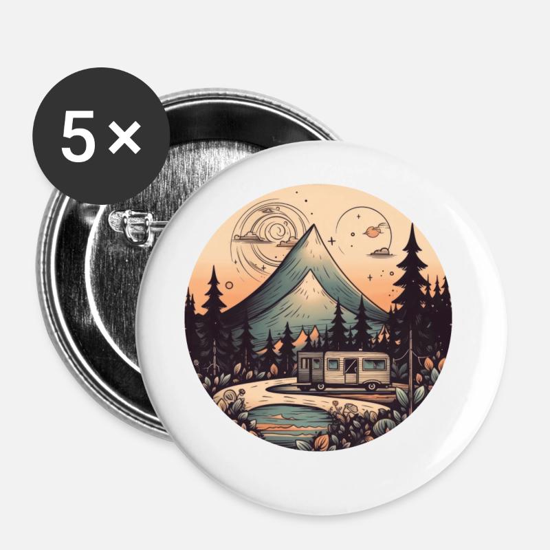 camping tents hiking sunset Retro Modern Style - Buttons large 2.2''/56 mm (5-pack) - white
