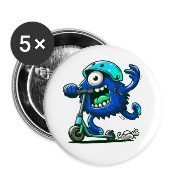 niedliches lustiges blaues Monster auf Escooter - Buttons groß 56 mm (5er Pack) - Weiß - Vorne