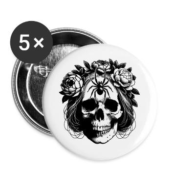 Skull with flower tendrils and large spider - Buttons large 2.2''/56 mm (5-pack) - white - Front