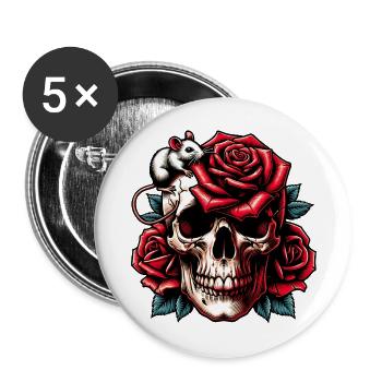 Skull with red roses, rose tendrils and mouse - Buttons large 2.2''/56 mm (5-pack) - white - Front
