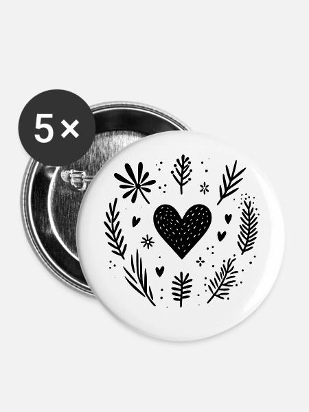 Herz mit Zweigen - Buttons groß 56 mm (5er Pack) - Weiß