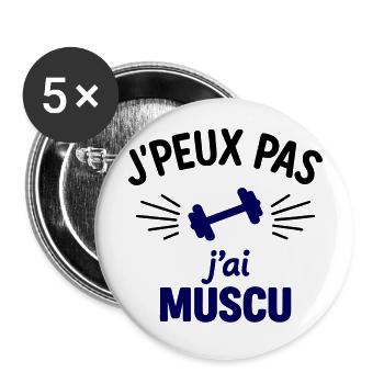 J’peux pas, j’ai muscu Sport Musculation - Lot de 5 grands badges (56 mm) - blanc - Devant