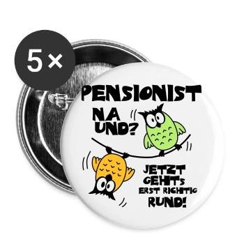 Eulen Pensionist - na und? - Buttons groß 56 mm (5er Pack) - Weiß - Vorne