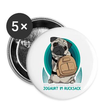 Carlin / Pug avec sac à dos - Lot de 5 grands badges (56 mm) - blanc - Devant
