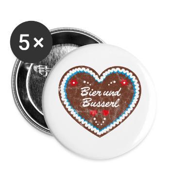 Lebkuchenherz "Bier und Busserl" grunge look - Buttons groß 56 mm (5er Pack) - Weiß - Vorne