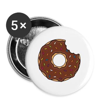Donut mit Biss in braun mit bunten Zuckerstreuseln - Buttons groß 56 mm (5er Pack) - Weiß - Vorne
