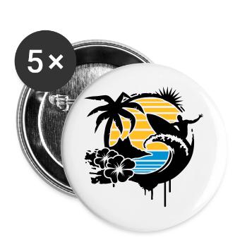un palmier, fleurs d'hibiscus, une île,une vague - Lot de 5 grands badges (56 mm) - blanc - Devant