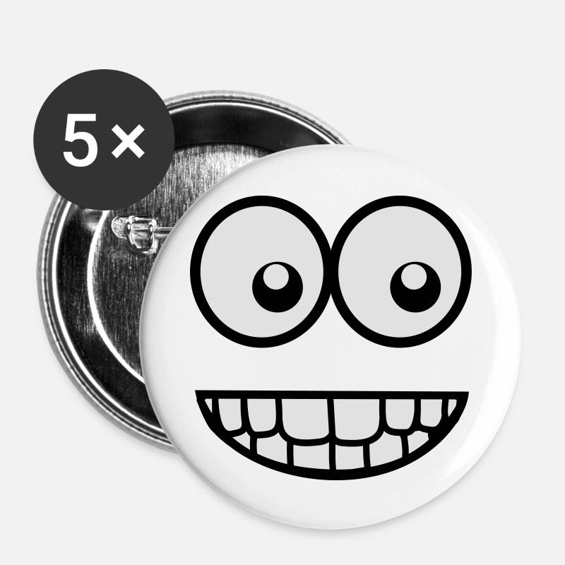 Funny Comic Face (Crazy & Cool) - Smiley - Buttons large 2.2''/56 mm (5-pack) - white