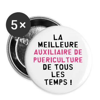 Auxiliaire de Puériculture / Enfant / Bébé / Baby - Lot de 5 grands badges (56 mm) - blanc - Devant