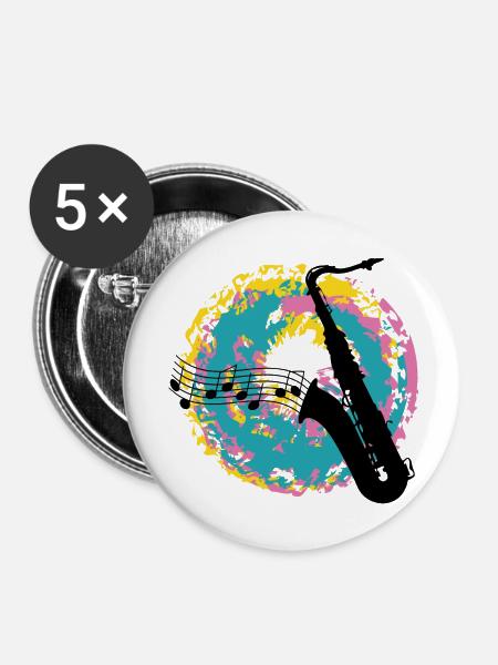 Saxofon auf Farbklecksen - Buttons groß 56 mm (5er Pack) - Weiß